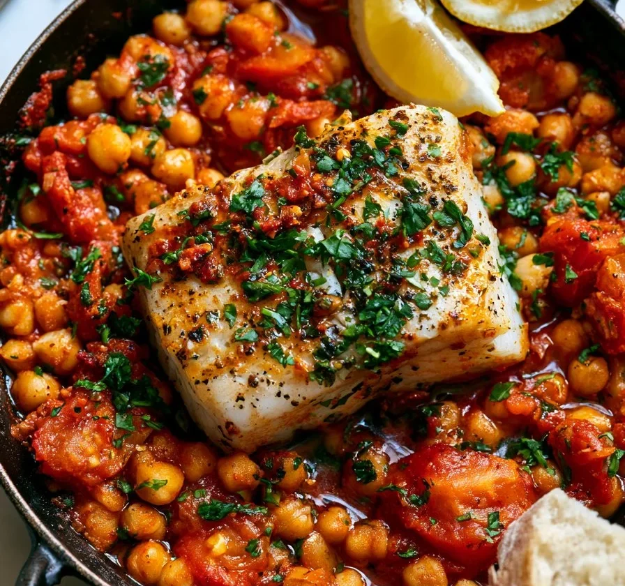 Merluzzo con Ceci, Pomodoro e Harissa in un piatto colorato
