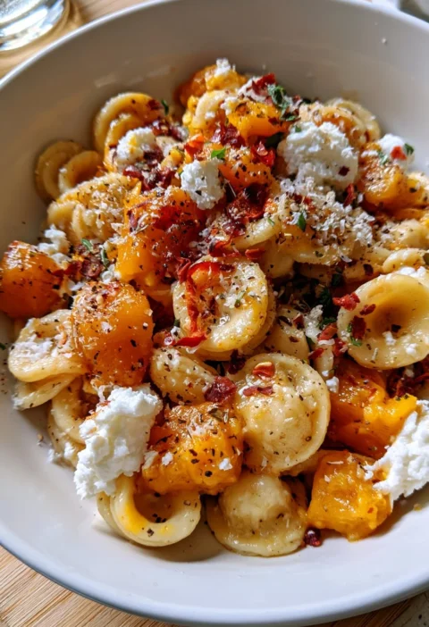 Orecchiette con Zucca, Chili e Ricotta servite in un piatto colorato.