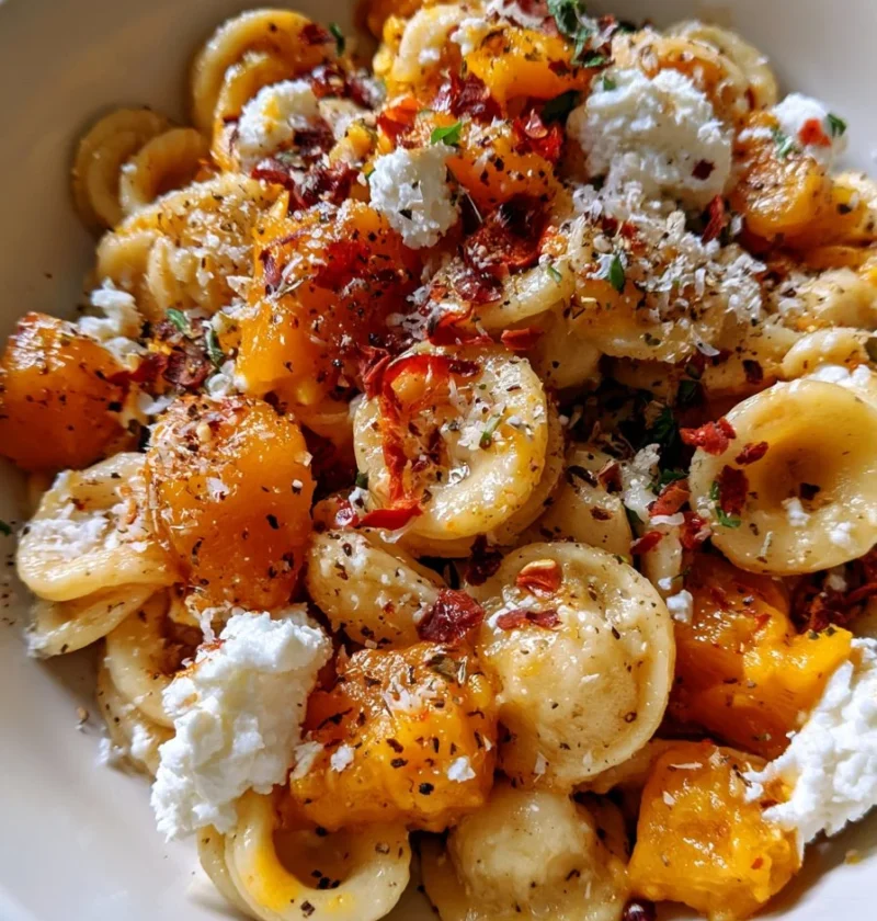 Orecchiette con Zucca, Chili e Ricotta servite in un piatto colorato.