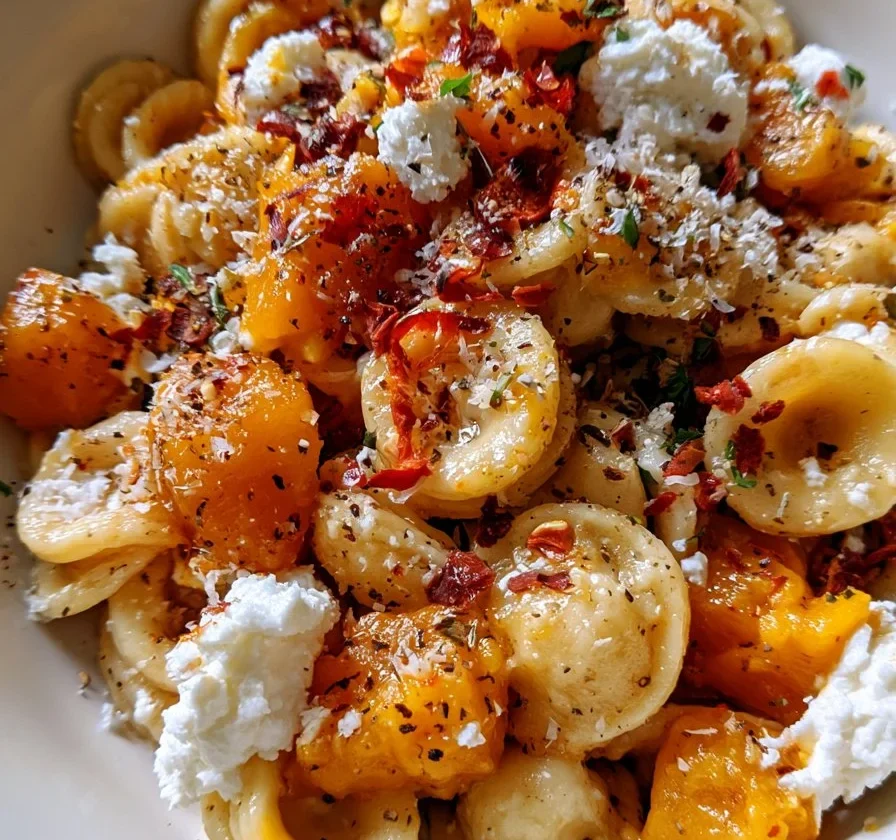 Orecchiette con Zucca, Chili e Ricotta servite in un piatto colorato.