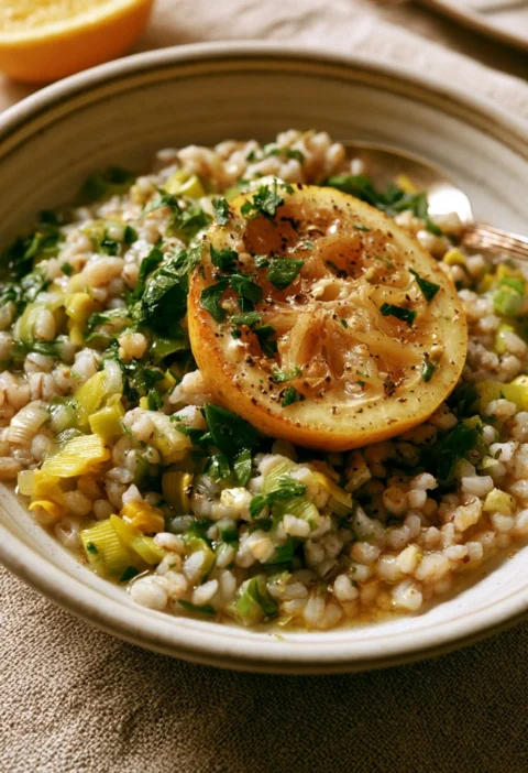 Piatto di orzo d'argento con porri, limone e erbe fresche
