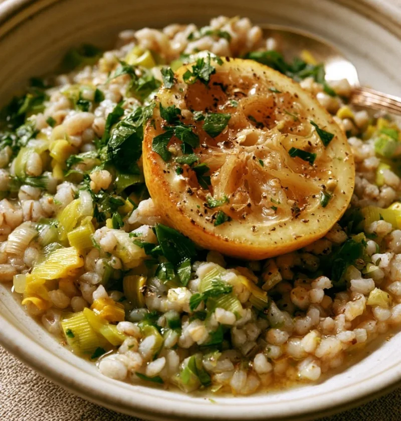 Piatto di orzo d'argento con porri, limone e erbe fresche