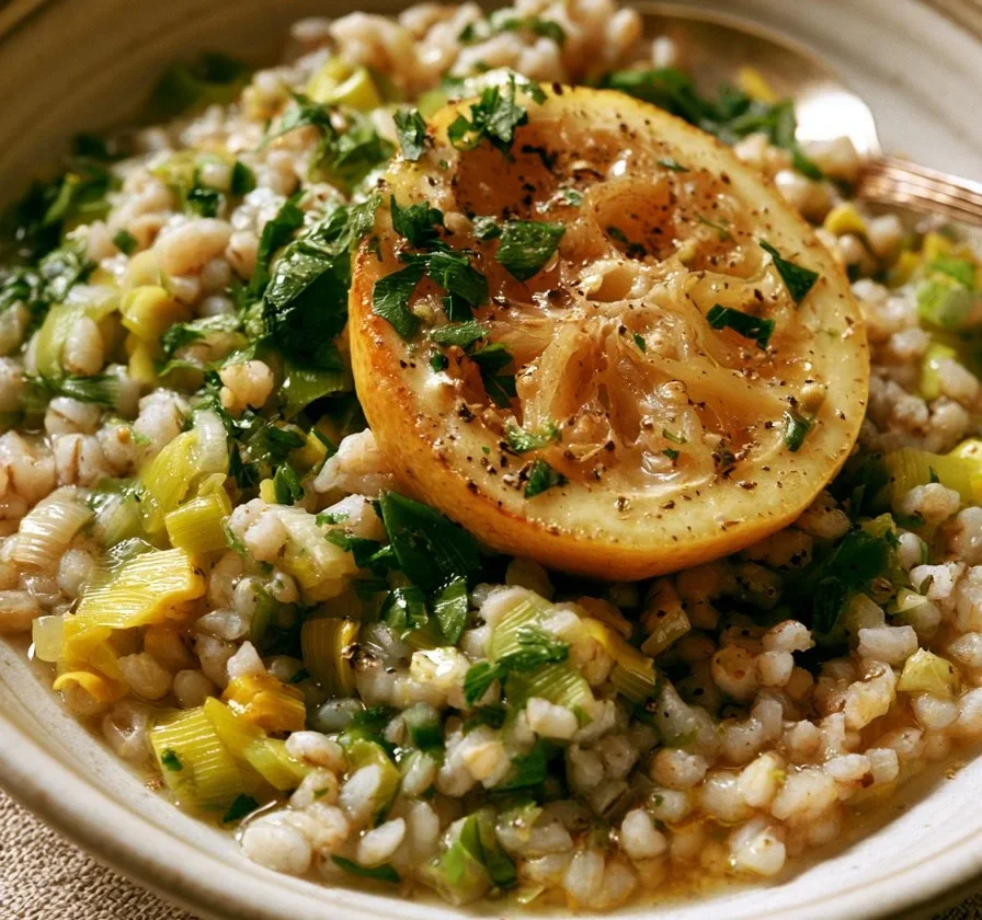 Piatto di orzo d'argento con porri, limone e erbe fresche