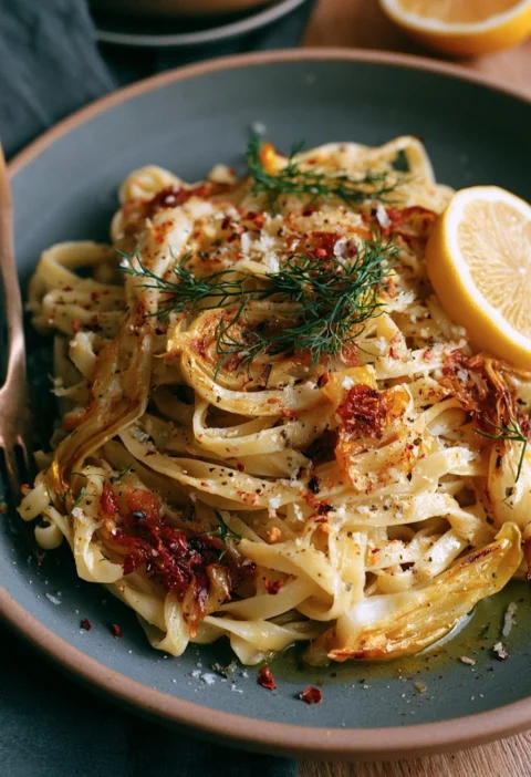 Pasta con finocchio caramellato e limone in un piatto elegante.