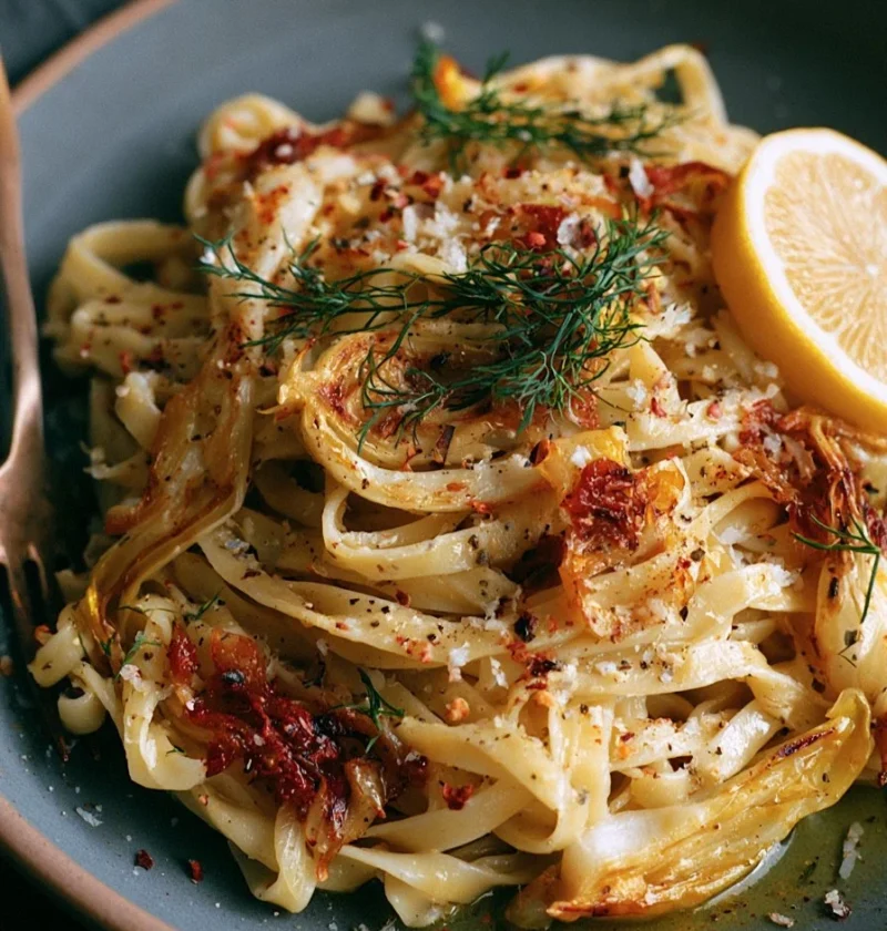 Pasta con finocchio caramellato e limone in un piatto elegante.