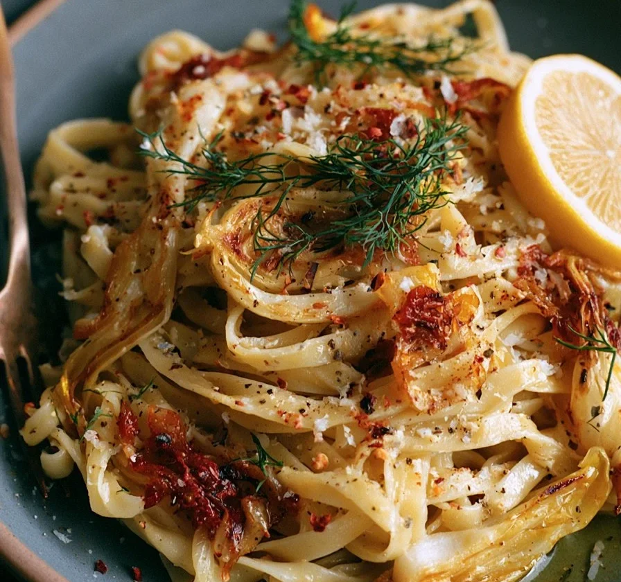 Pasta con finocchio caramellato e limone in un piatto elegante.