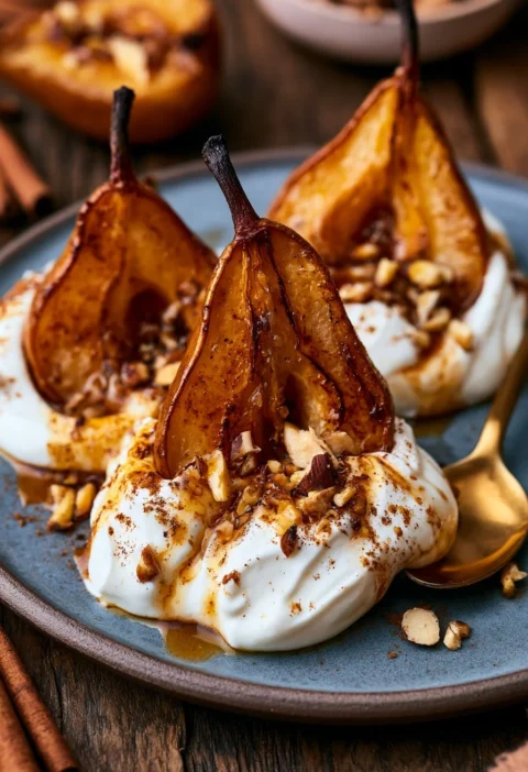 Pere arrostite servite con yogurt di ricotta e spezie in un piatto elegante.