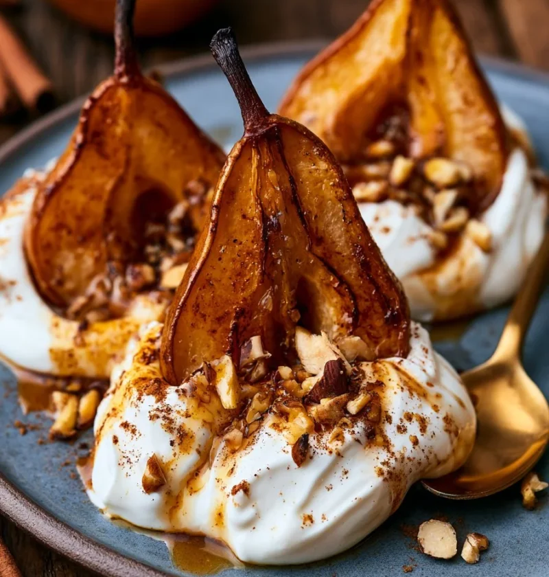 Pere arrostite servite con yogurt di ricotta e spezie in un piatto elegante.
