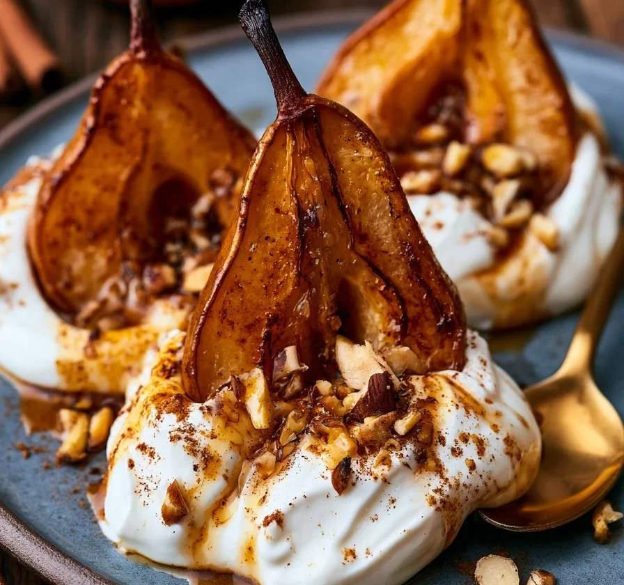 Pere arrostite servite con yogurt di ricotta e spezie in un piatto elegante.