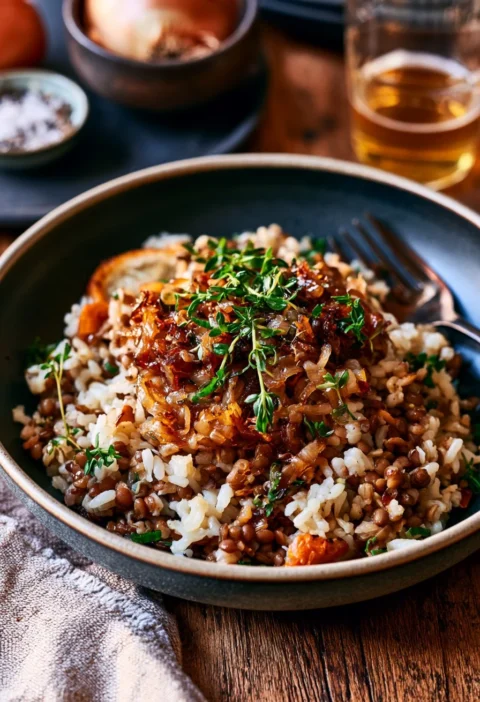 Pilaf di Lenticchie con Cipolle Caramellate servito in un piatto