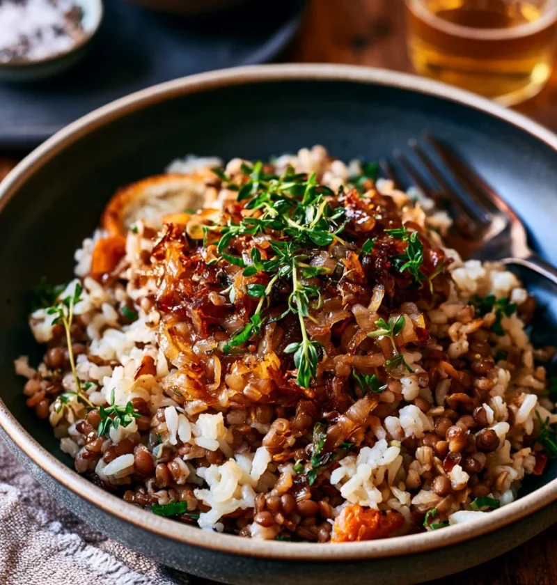 Pilaf di Lenticchie con Cipolle Caramellate servito in un piatto