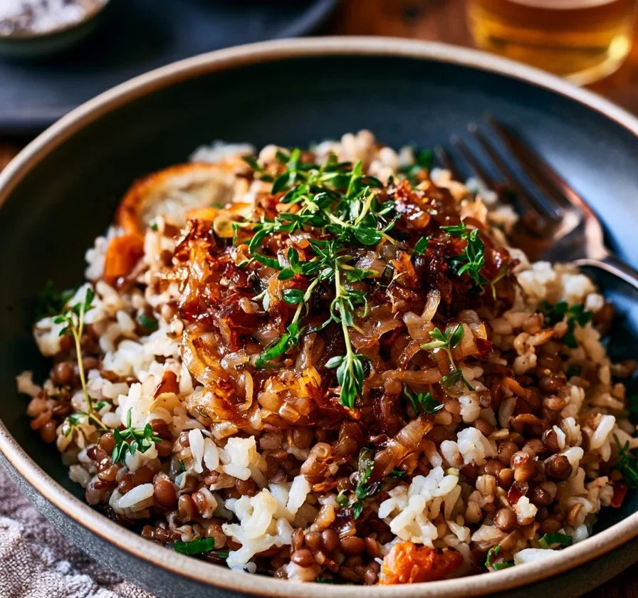Pilaf di Lenticchie con Cipolle Caramellate servito in un piatto