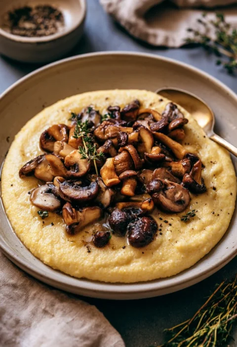 Polenta cremosa con funghi e timo servita in un piatto elegante