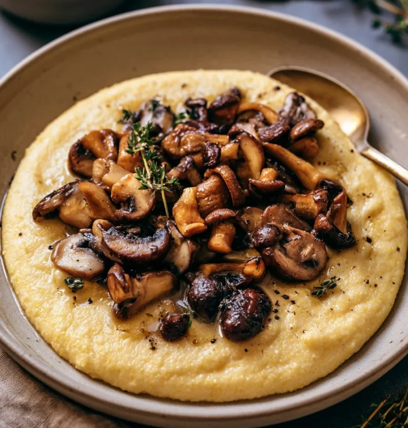 Polenta cremosa con funghi e timo servita in un piatto elegante