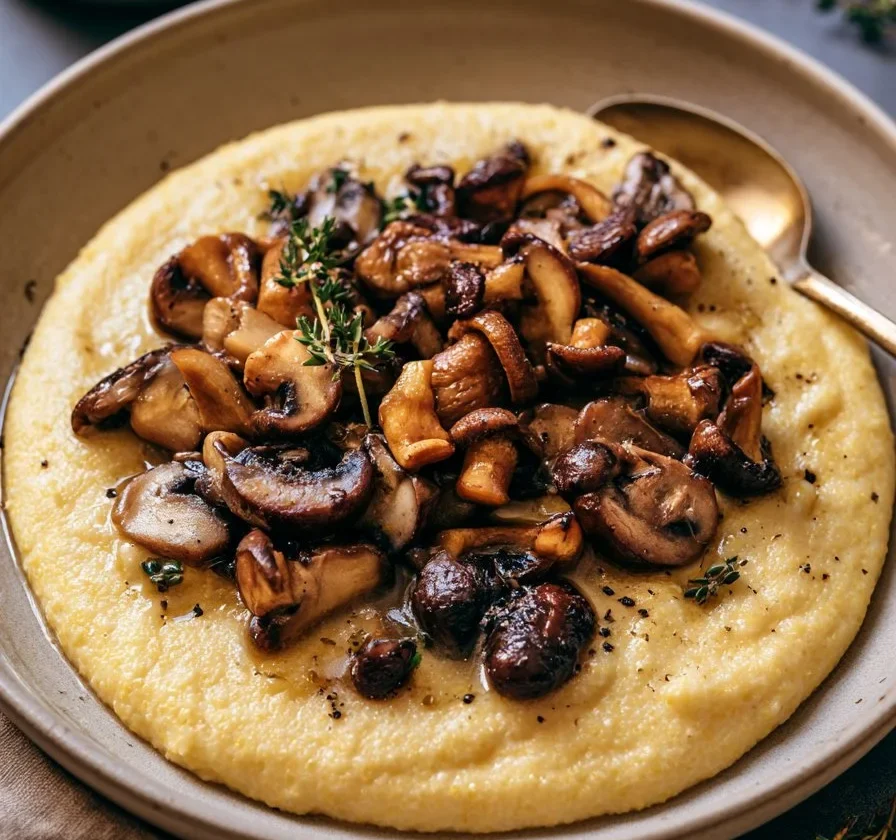 Polenta cremosa con funghi e timo servita in un piatto elegante