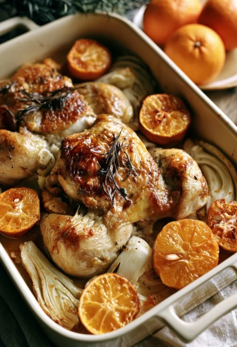 Pollo arrosto con clementine e finocchio decorato in piatto