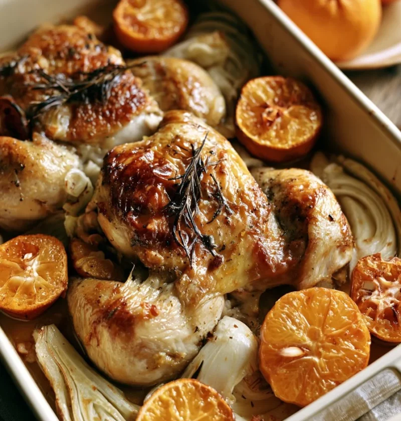 Pollo arrosto con clementine e finocchio decorato in piatto