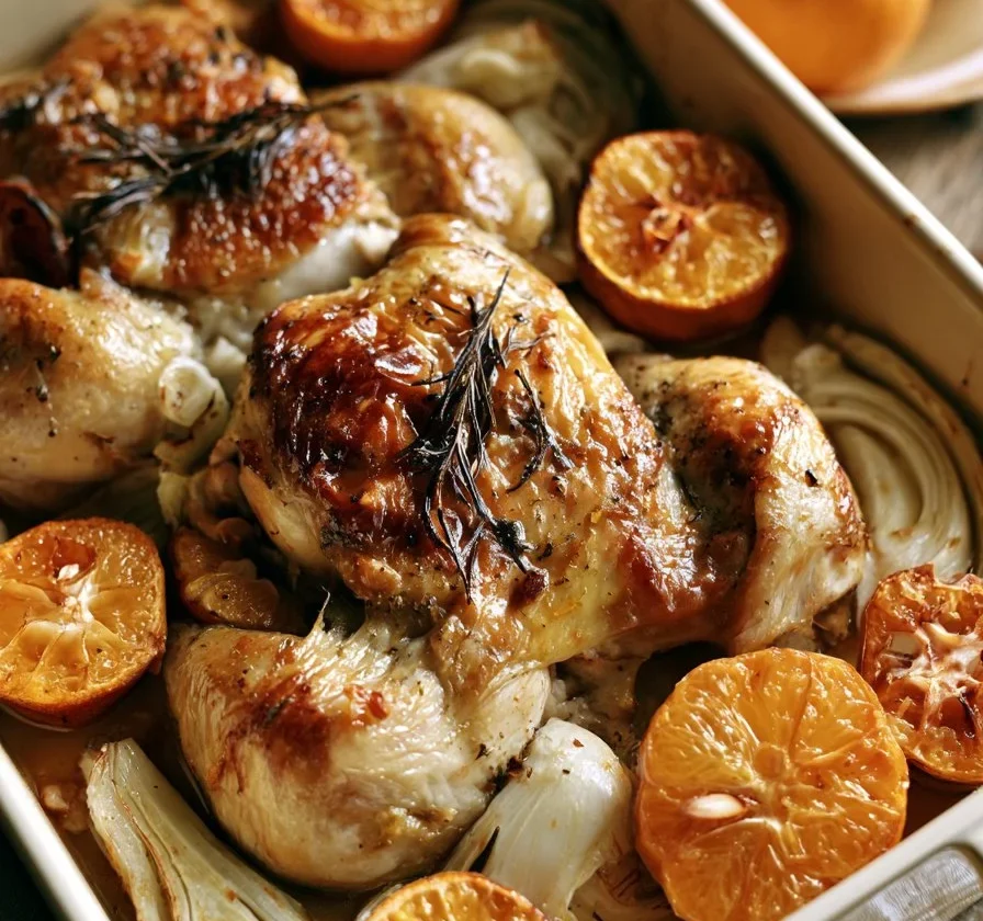 Pollo arrosto con clementine e finocchio decorato in piatto