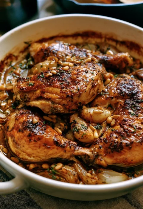 Pollo arrosto con sumac, cipolle e pinoli servito su un piatto elegante
