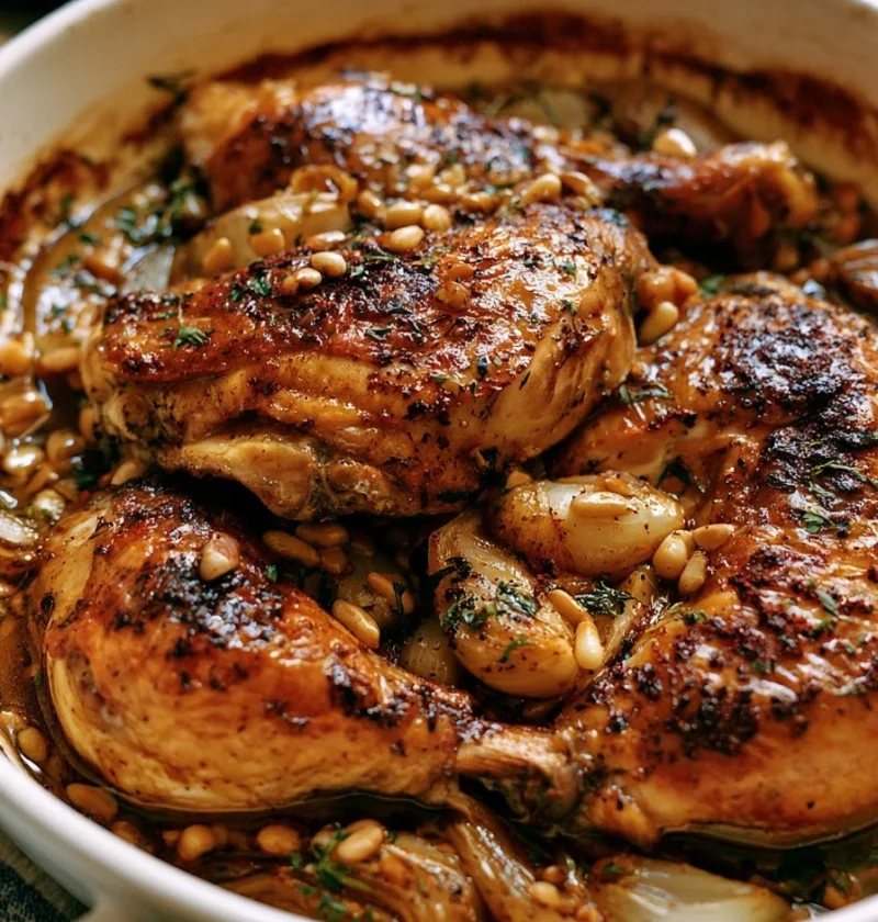 Pollo arrosto con sumac, cipolle e pinoli servito su un piatto elegante