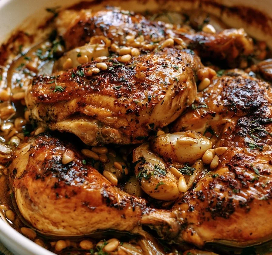 Pollo arrosto con sumac, cipolle e pinoli servito su un piatto elegante