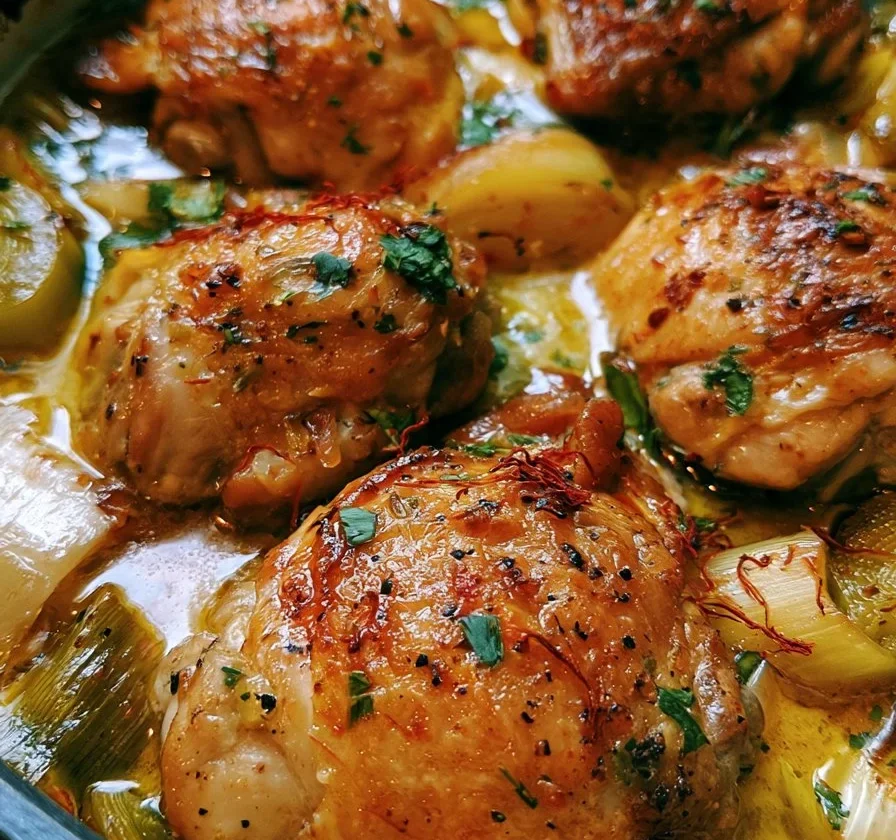 Pollo Brasato con Porri e Zafferano servito con contorni colorati
