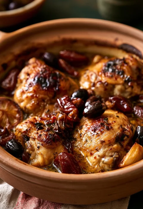 Piatto di Pollo con Datteri, Olive e Limone Conservato, delizioso e aromatico.