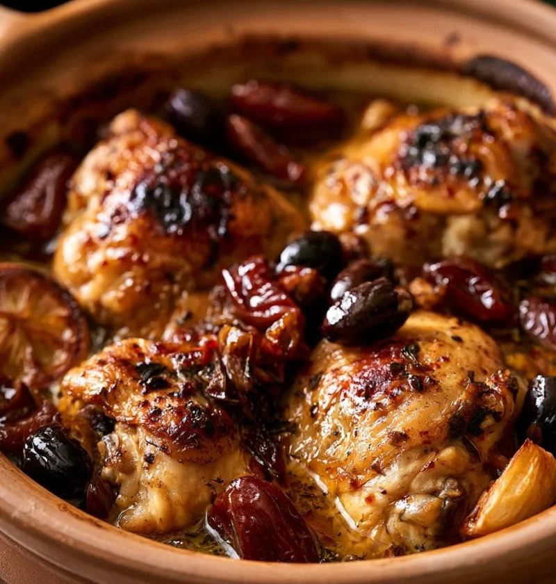 Piatto di Pollo con Datteri, Olive e Limone Conservato, delizioso e aromatico.