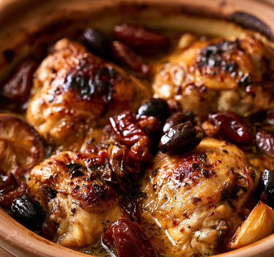 Piatto di Pollo con Datteri, Olive e Limone Conservato, delizioso e aromatico.