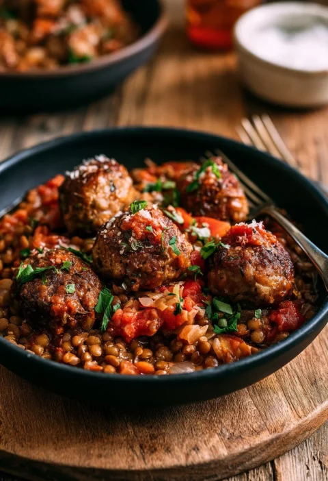 Polpette di Maiale e Finocchio servite con Lenticchie, ricetta tradizionale italiana