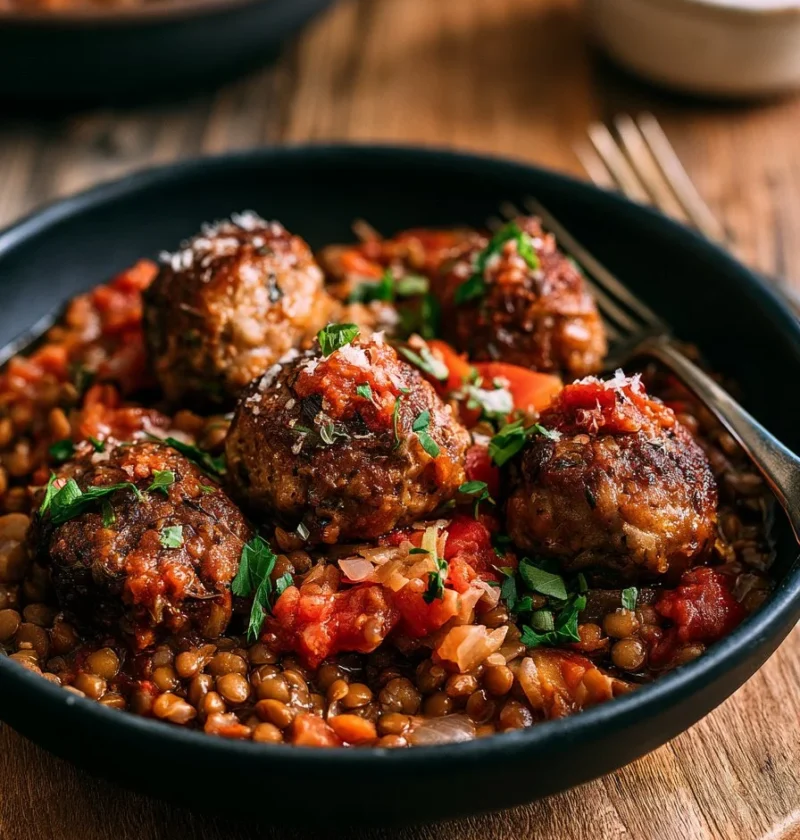 Polpette di Maiale e Finocchio servite con Lenticchie, ricetta tradizionale italiana