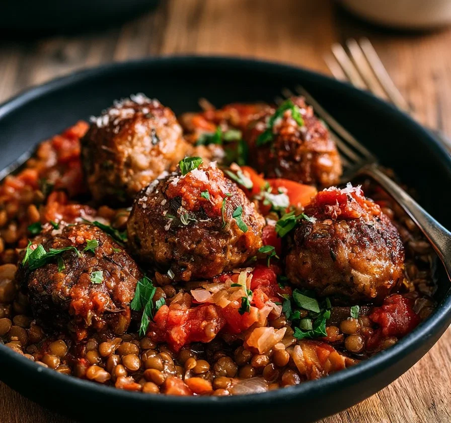 Polpette di Maiale e Finocchio servite con Lenticchie, ricetta tradizionale italiana