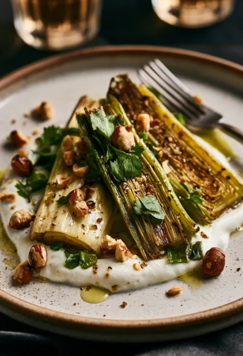 Porri arrosto serviti con crème fraîche e nocciole croccanti