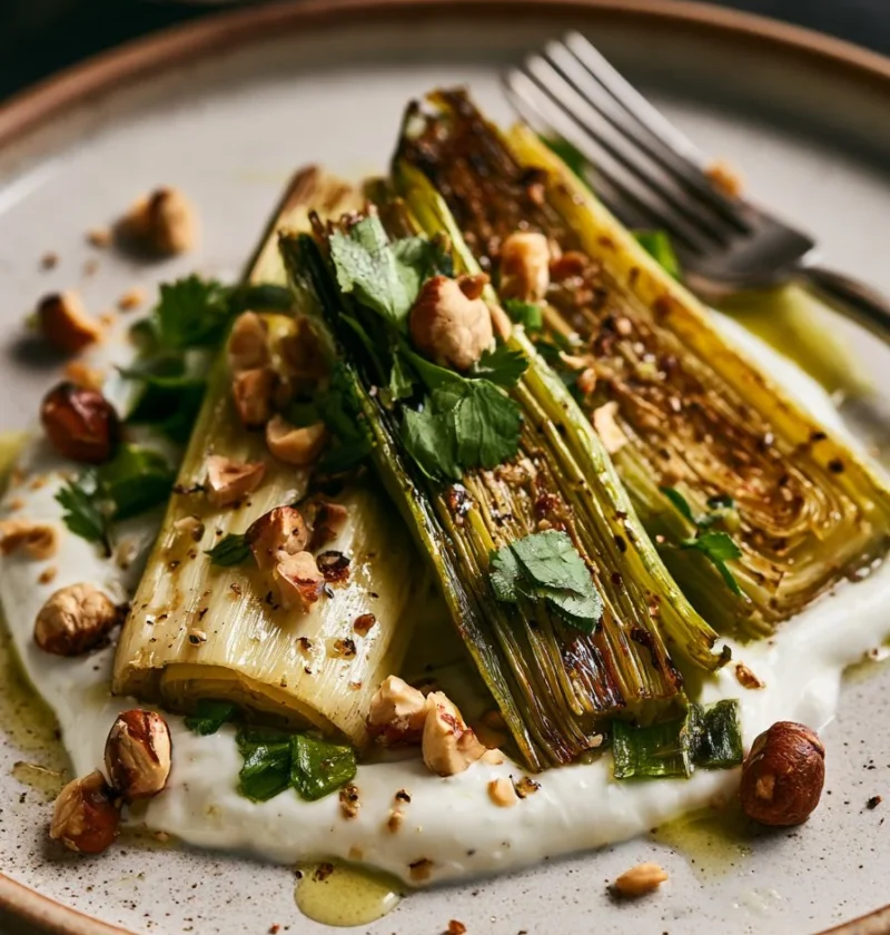 Porri arrosto serviti con crème fraîche e nocciole croccanti