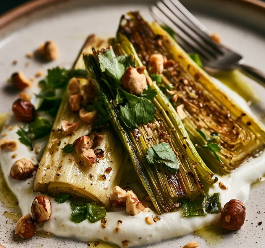 Porri arrosto serviti con crème fraîche e nocciole croccanti