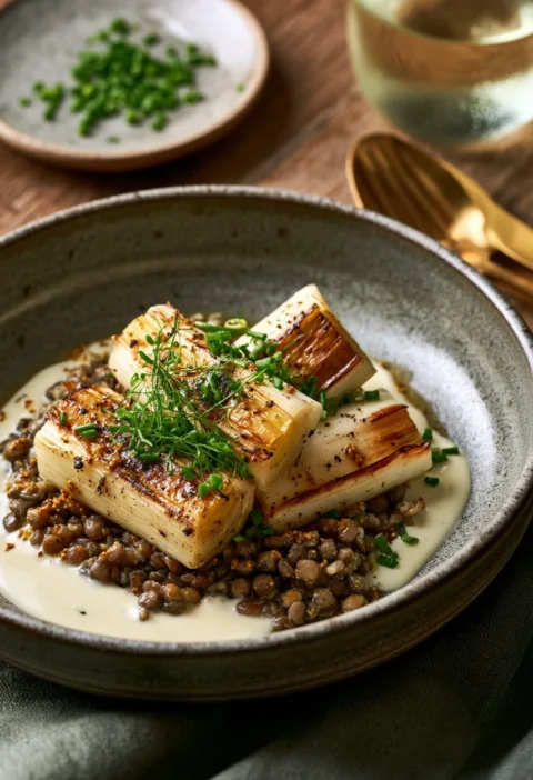 Porri confit con lenticchie Puy e crema di senape in un piatto gourmet