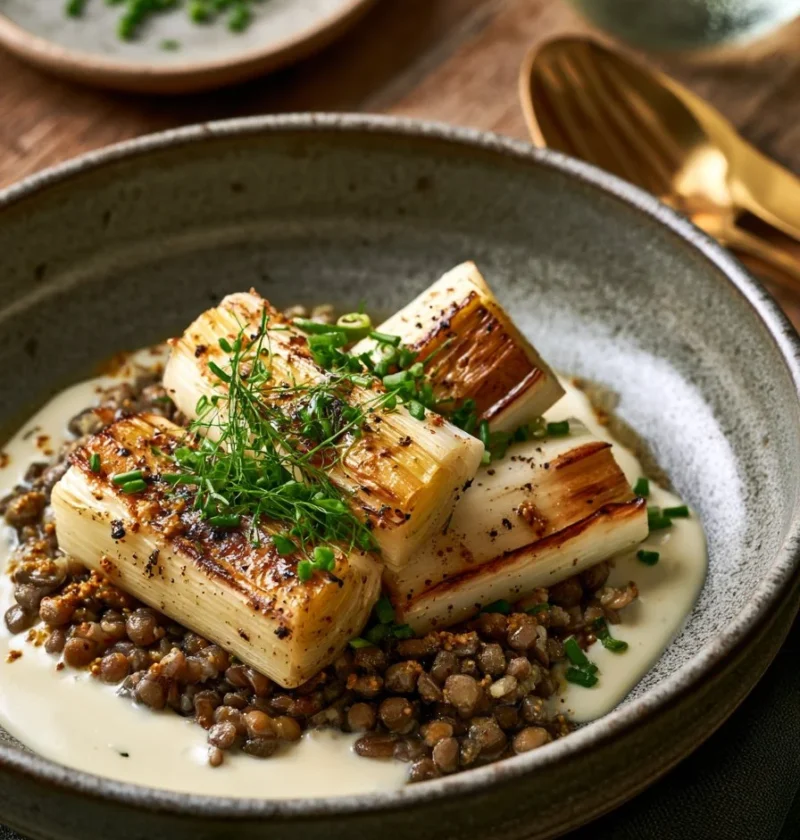 Porri confit con lenticchie Puy e crema di senape in un piatto gourmet