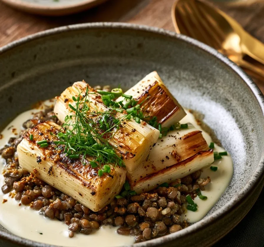 Porri confit con lenticchie Puy e crema di senape in un piatto gourmet