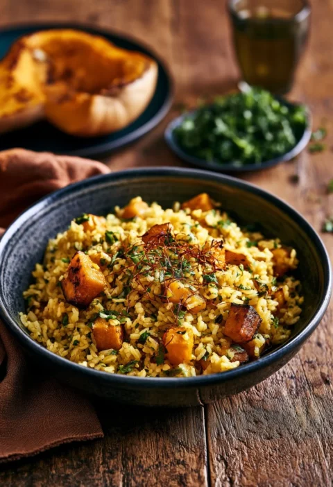 Riso allo zafferano con zucca arrostita e erbe aromatiche