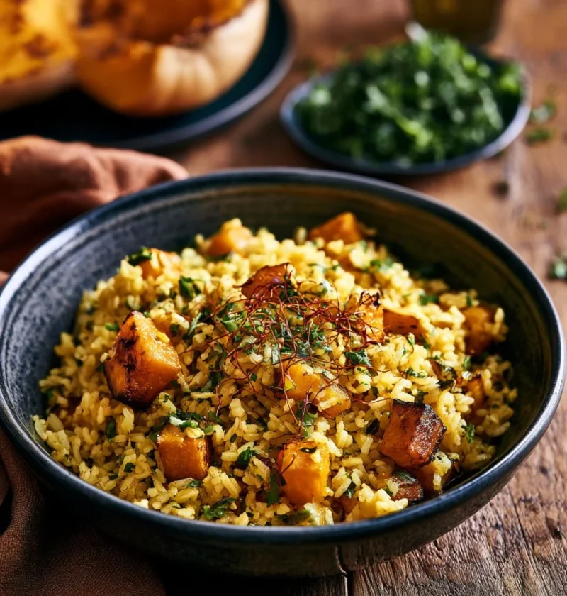 Riso allo zafferano con zucca arrostita e erbe aromatiche