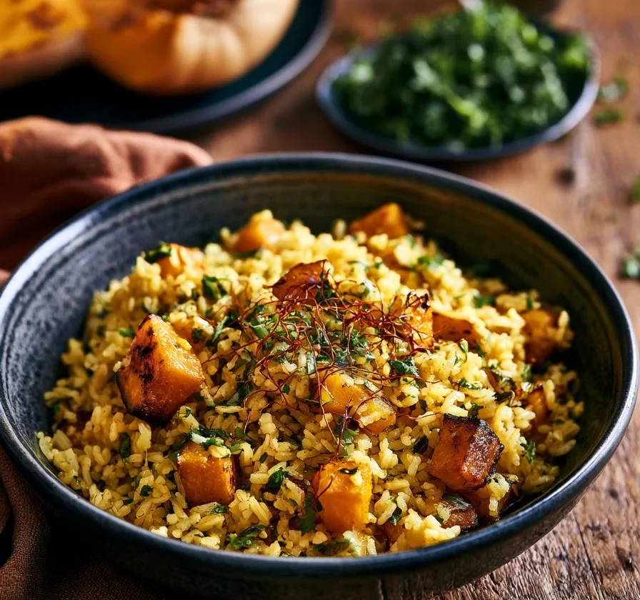 Riso allo zafferano con zucca arrostita e erbe aromatiche