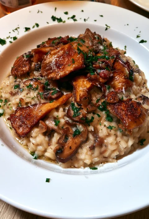 Risotto ai Funghi con Funghi Croccanti servito in un piatto elegante