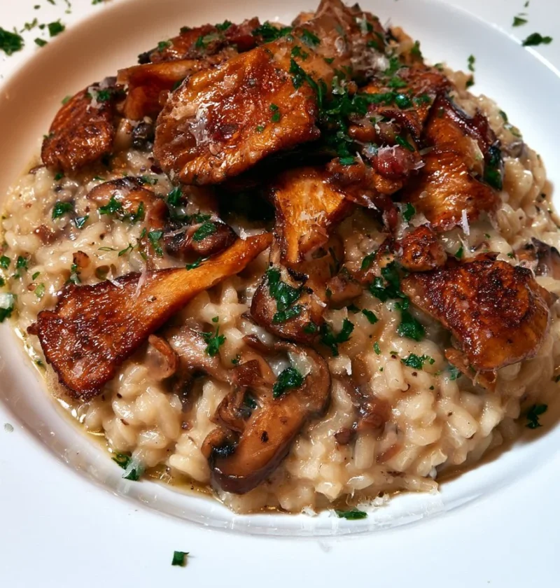 Risotto ai Funghi con Funghi Croccanti servito in un piatto elegante