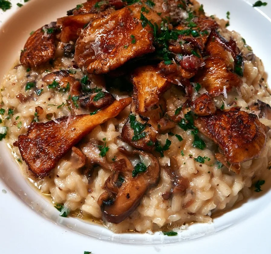 Risotto ai Funghi con Funghi Croccanti servito in un piatto elegante