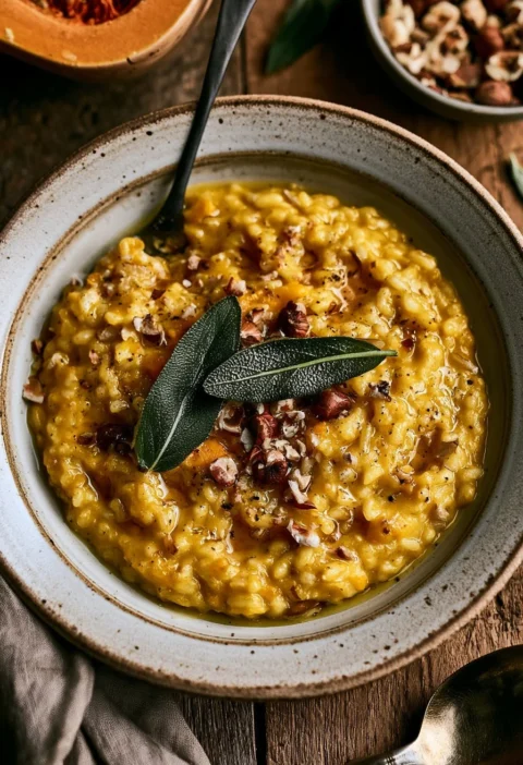 Risotto di zucca con salvia e nocciole servito in un piatto elegante.
