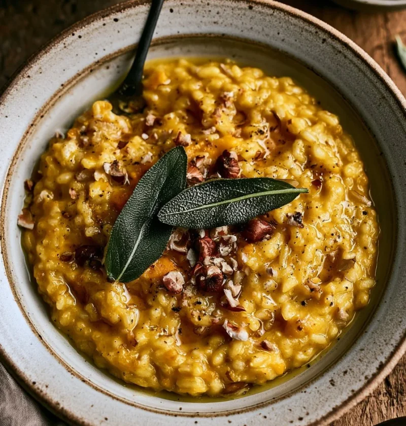 Risotto di zucca con salvia e nocciole servito in un piatto elegante.