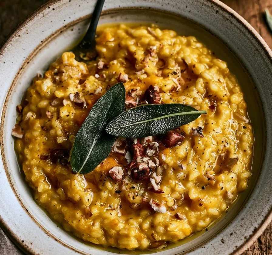 Risotto di zucca con salvia e nocciole servito in un piatto elegante.