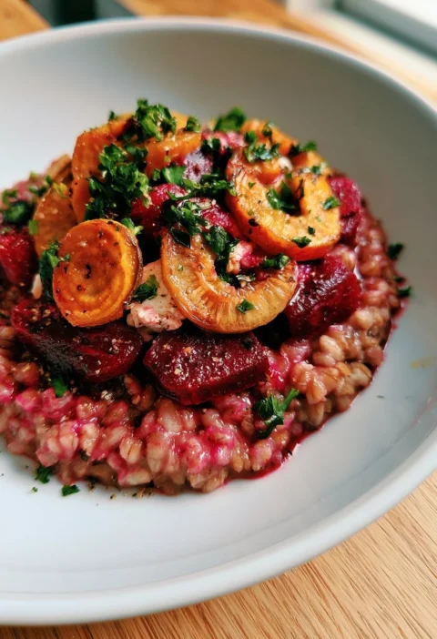 Risotto d'orzo con barbabietola e formaggio di capra, piatto saporito e colorato