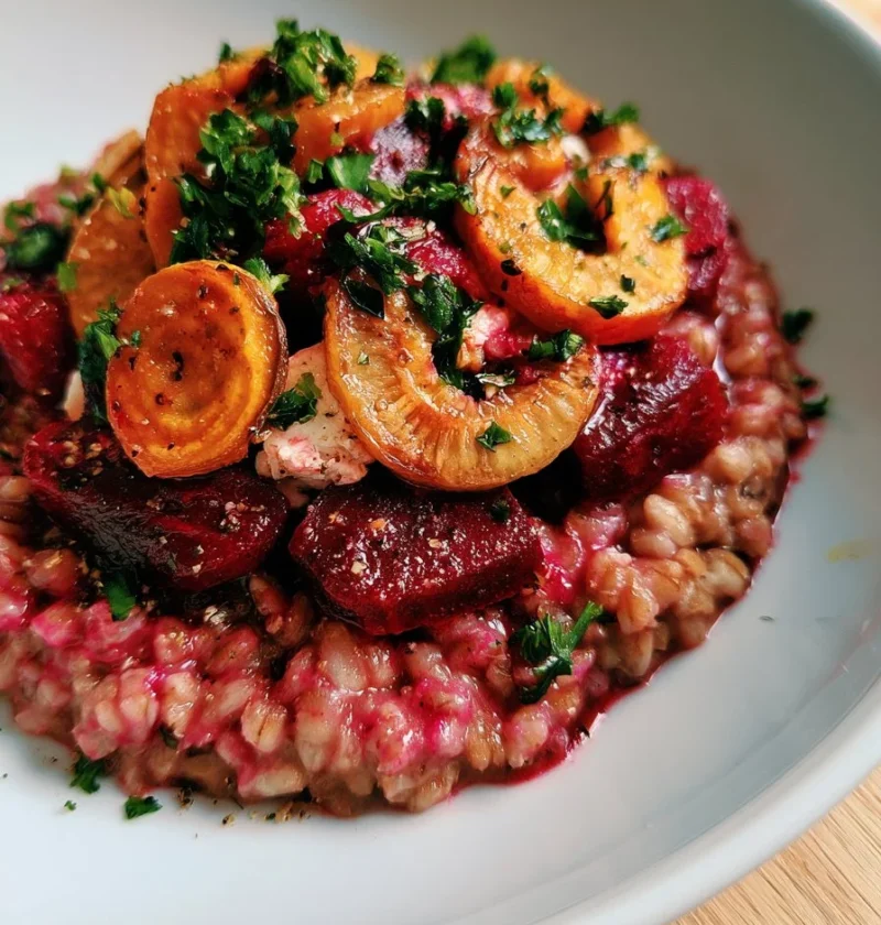 Risotto d'orzo con barbabietola e formaggio di capra, piatto saporito e colorato