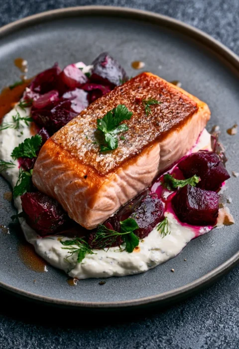 Salmone arrosto con barbabietola e rafano servito su un piatto elegante